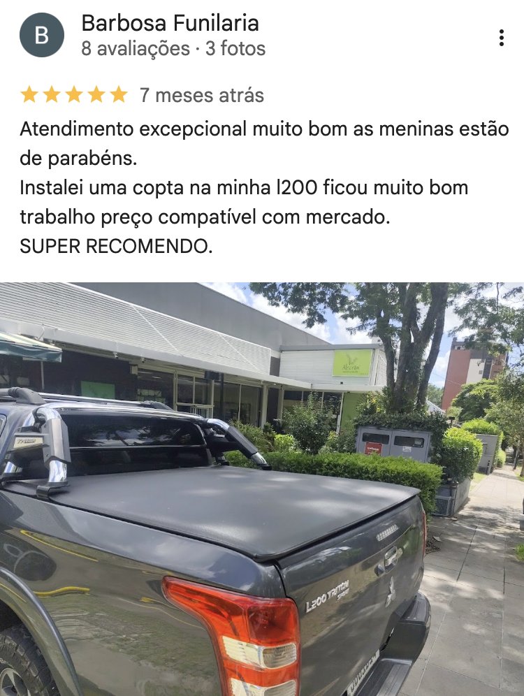 Avaliação 5 estrelas no Google de cliente que instalou capota marítima na L200 Triton na SS Capotas