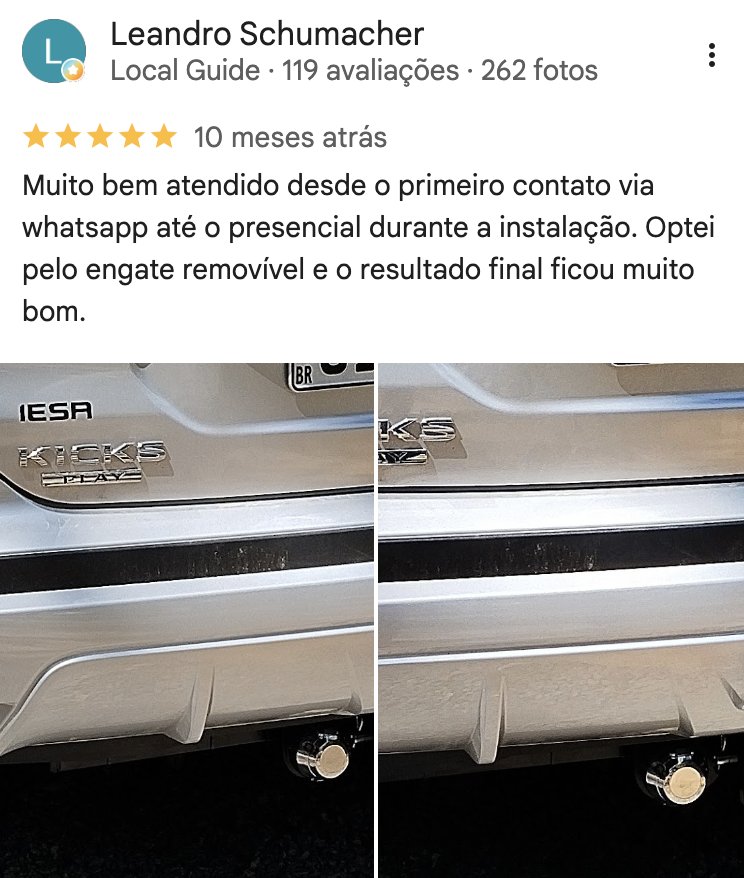 Avaliação 5 estrelas no Google de cliente que instalou engate de reboque removível