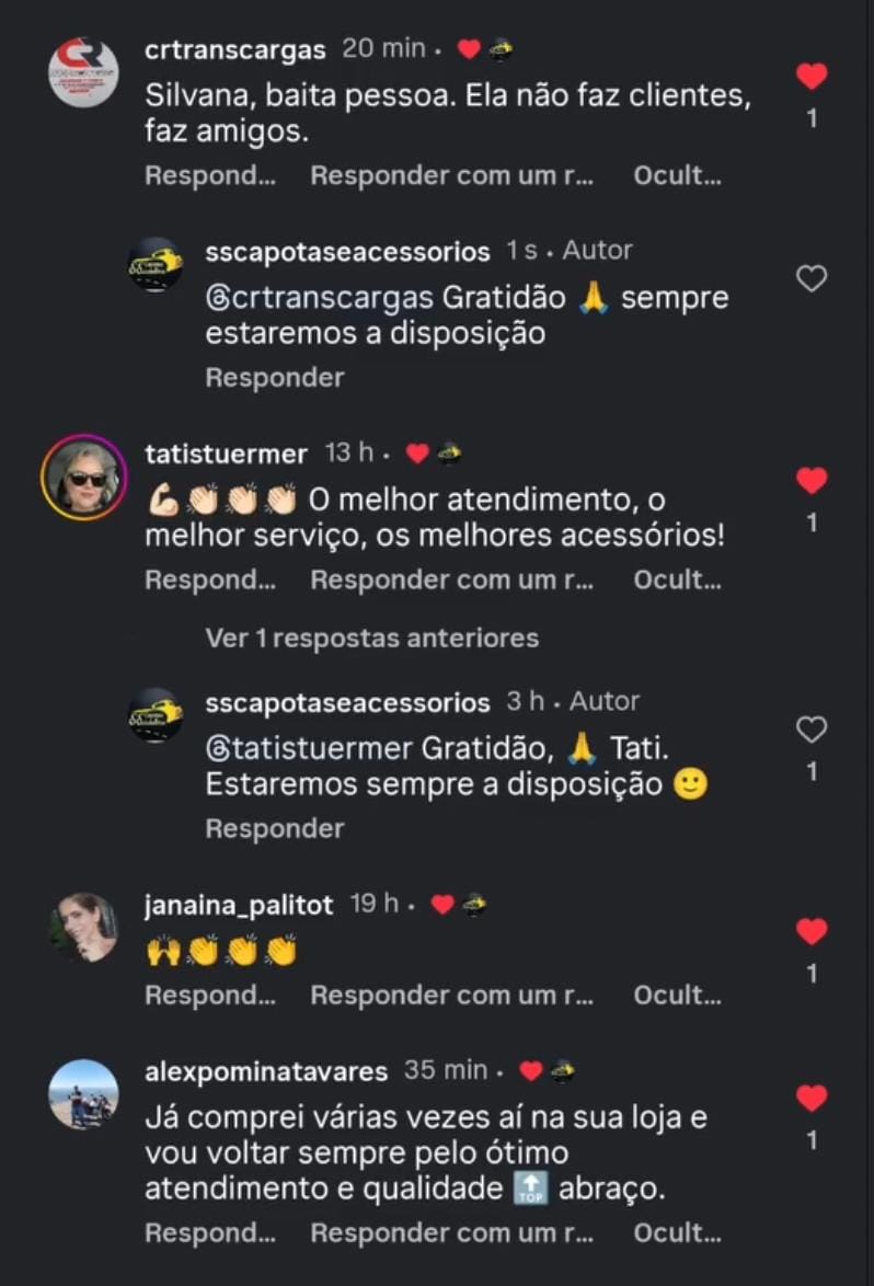 Comentários de clientes no Instagram da SS Capotas elogiando atendimento e acessórios